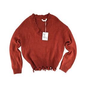 Belle Du Jour Rust Red Knit Sweater Fringe V-Neck Medium New With Tags